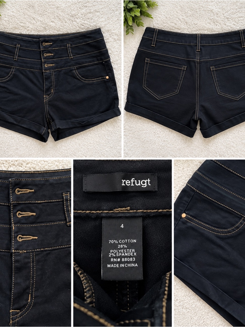refugt Black High-Waist Triple-Button Denim Shorts with Gold Stitching